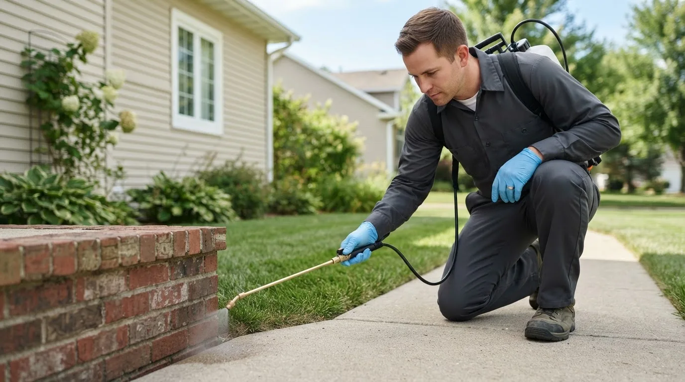 Pest control technician treating a home near Nellis, WV